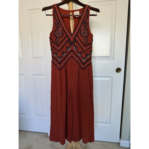 Anthropology Maeve Burnt Orange Flowy Jumpsuit Lace Embroidered Cottage Western